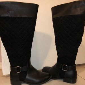 Black quilted wide calf boots
